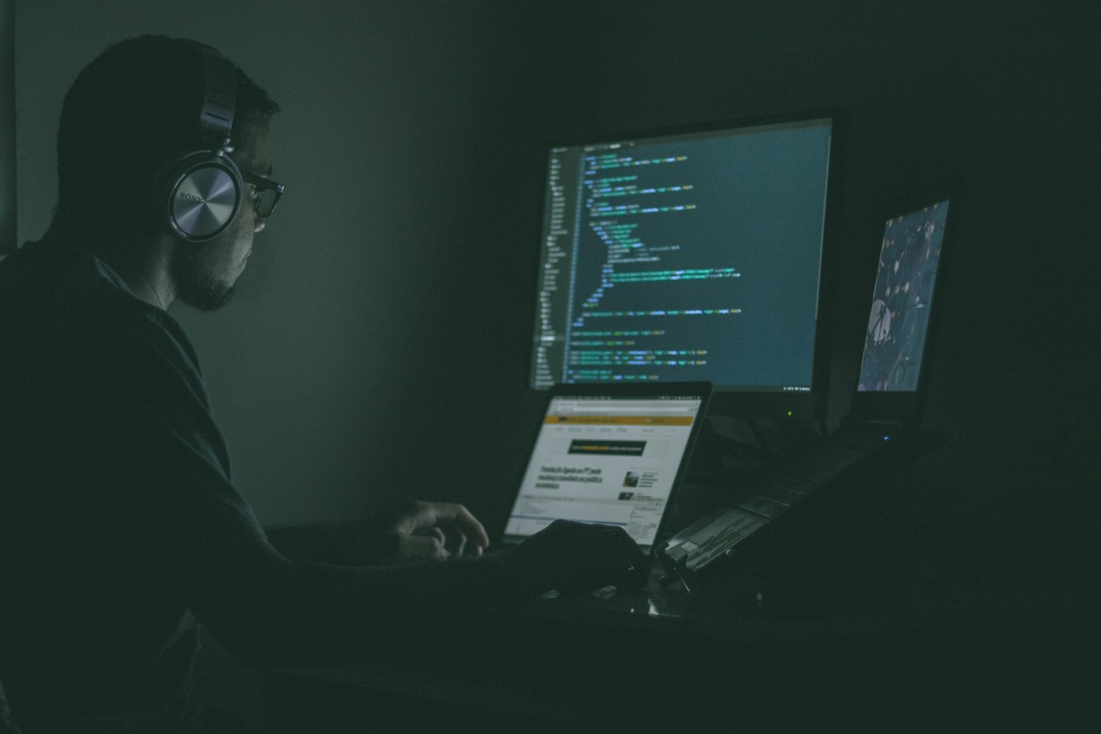 Person working on cybersecurity code at a computer.