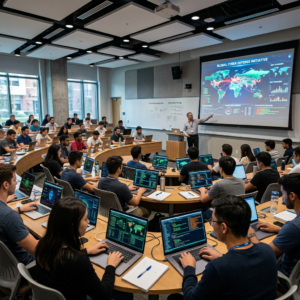 Classroom full of students using laptops while instructor presents global cyber defense data