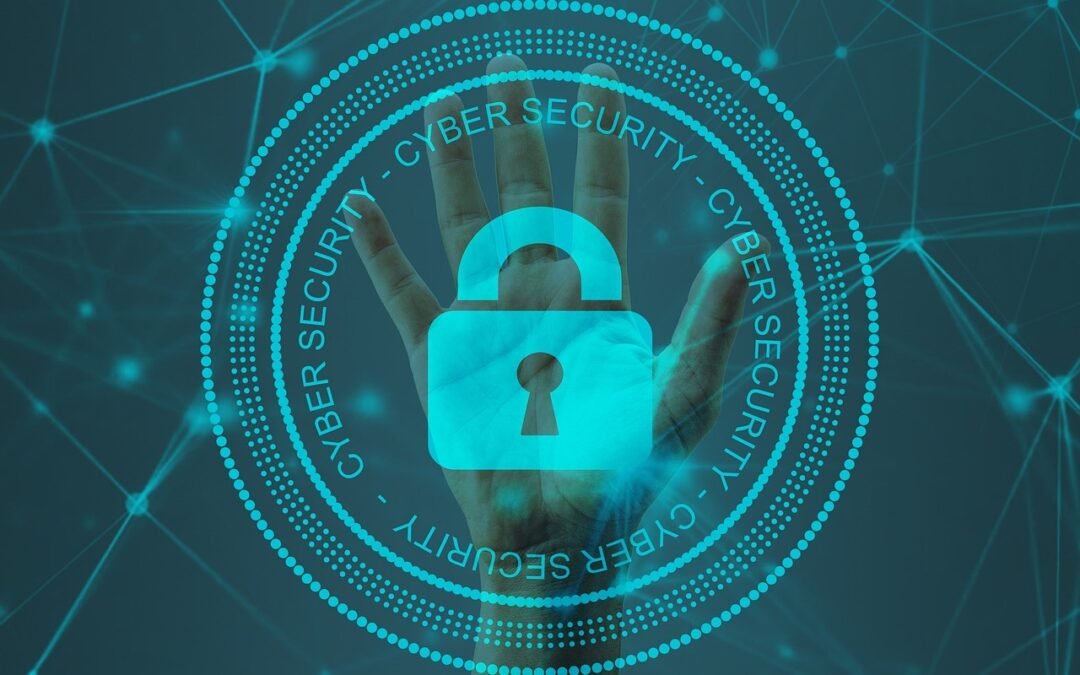 Digital cybersecurity illustration showing a secure padlock and network connections, representing online safety, data protection, and safeguarding against cyber threats